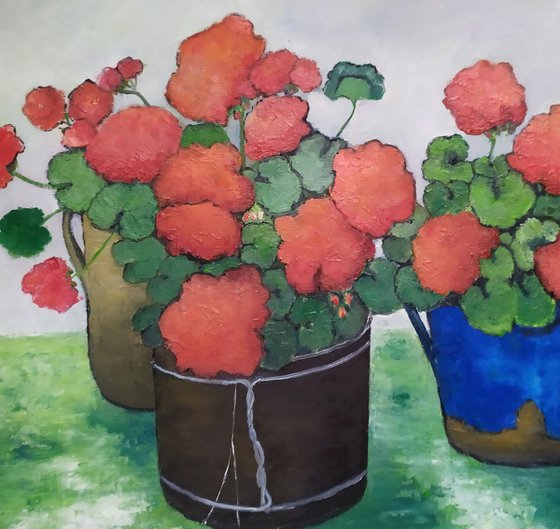 Vases with geraniums