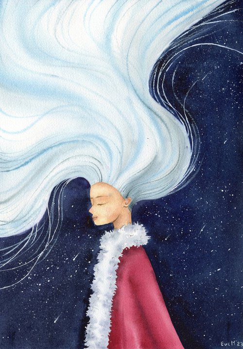Magic in hair. Fairy tale character. Original watercolor. by Evgeniya Mokeeva