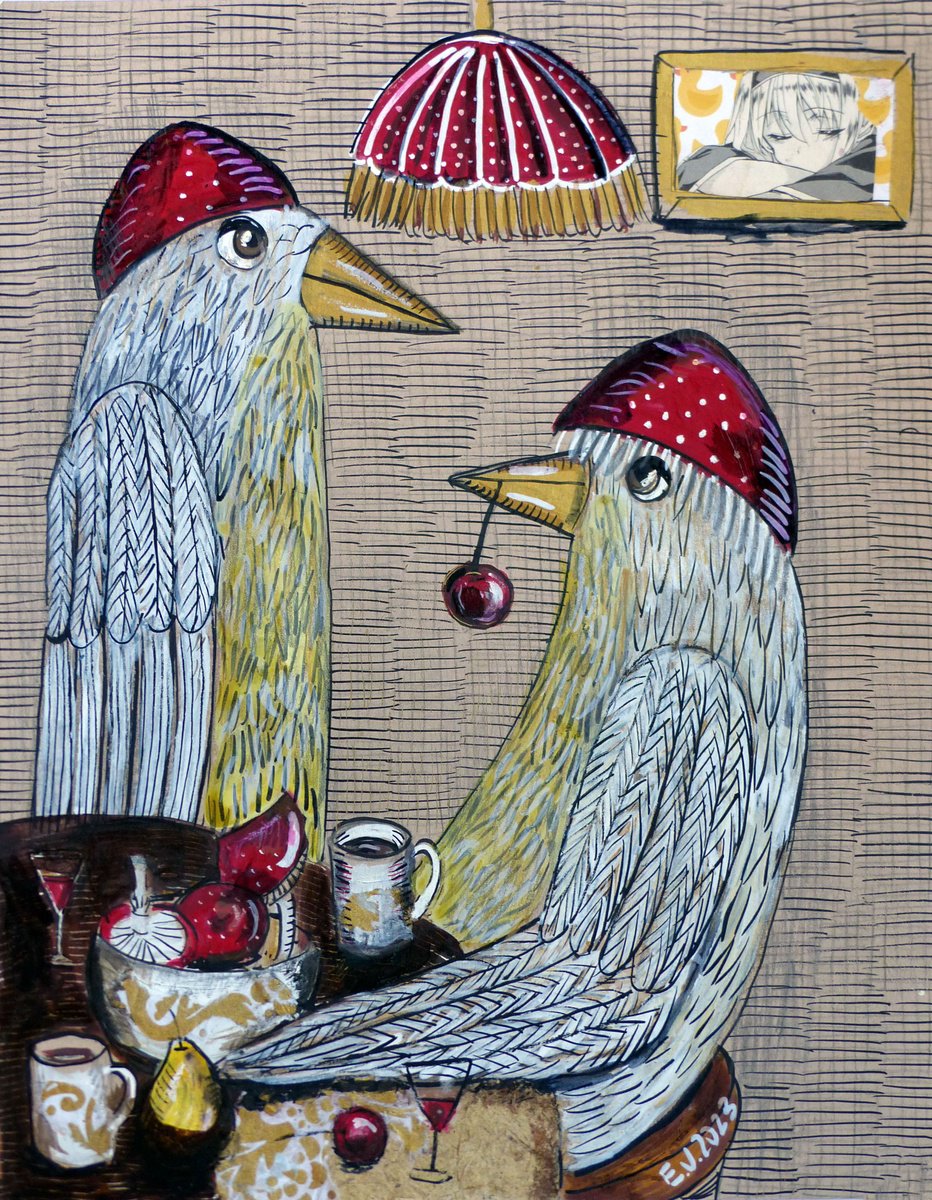 Surrealistic Animal Painting By Elizabeth Vlasova, 11 X 14, Dinner Time Tricks, Original Artwork