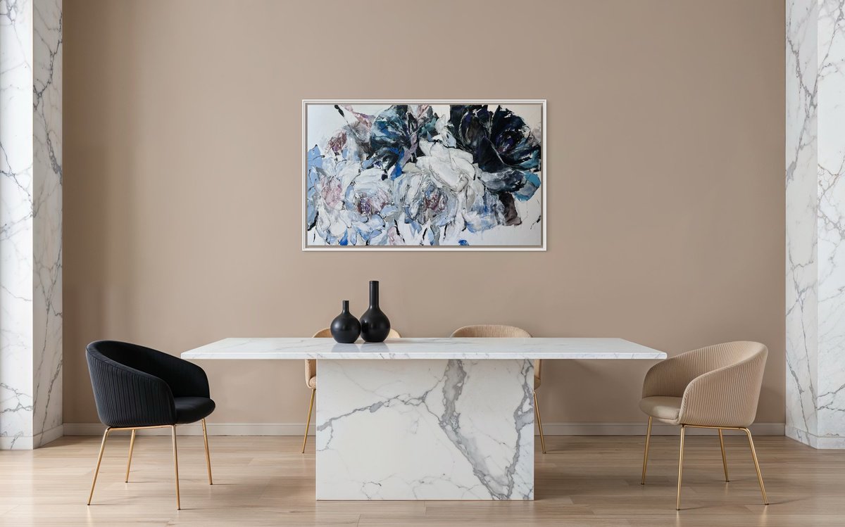 Impressionistic Botanical Acrylic Painting By Tetiana Hutsul, 63 X 37", Bloom i?clat . Floral, Original Artwork