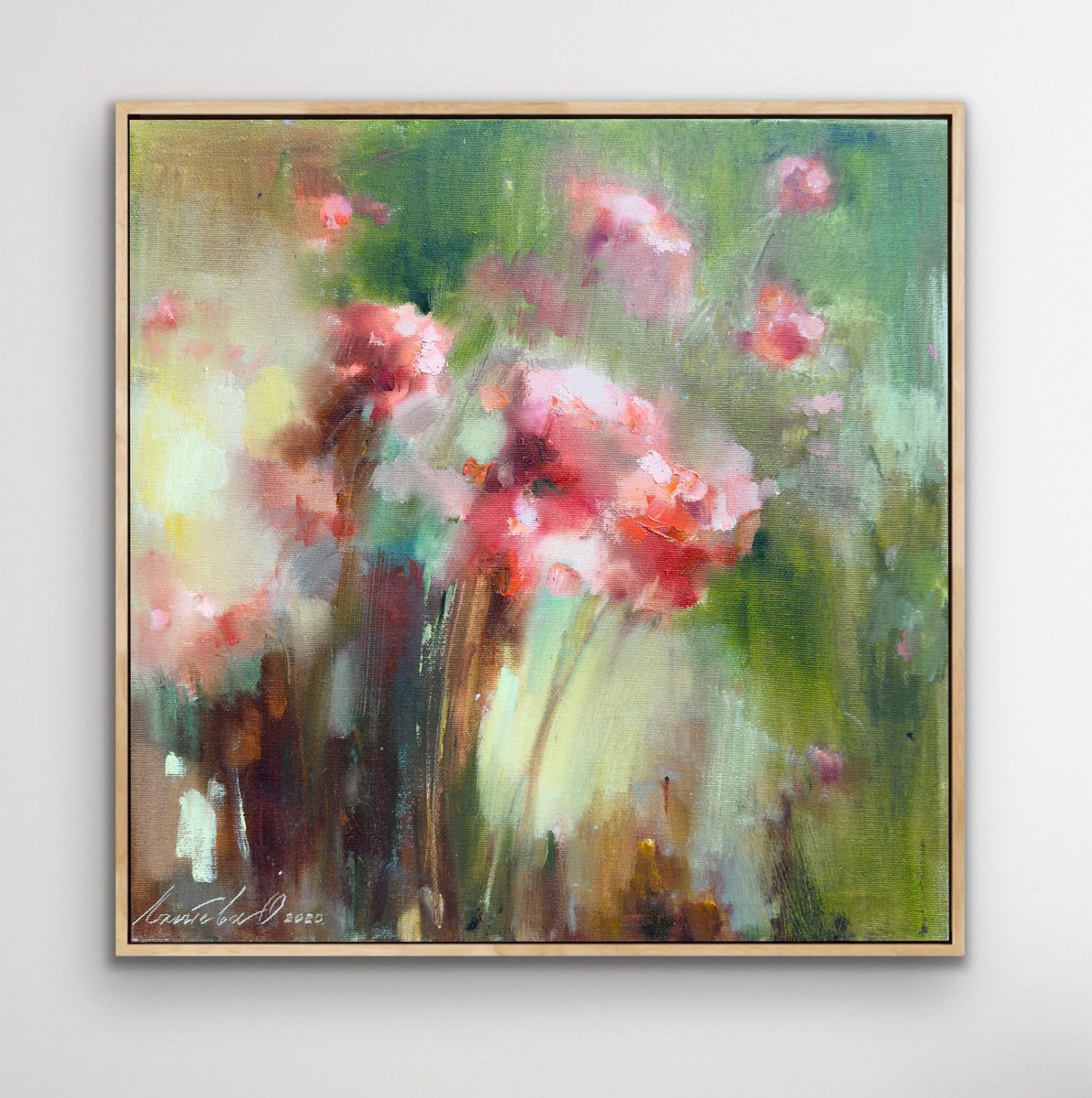 Abstract Botanical Oil Painting By Olha Laptieva, 16 X 16", Red Roses, Original Artwork