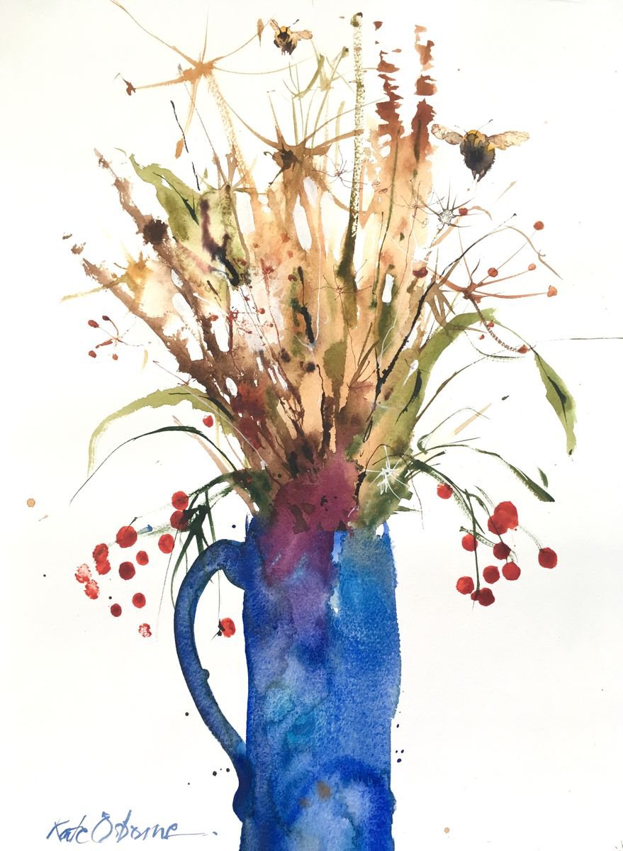 Blue Jug, Dried Flowers & Bees by Kate Osborne