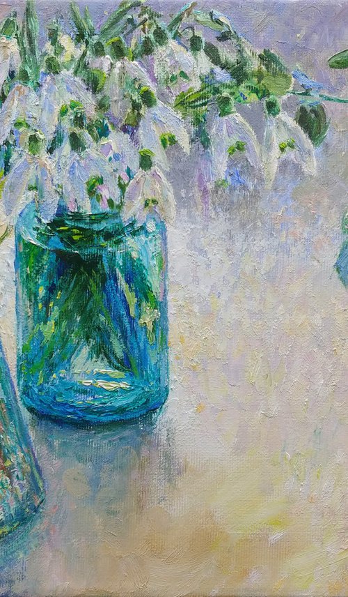 Flowers in blue glass by Svitlana Gunchenko
