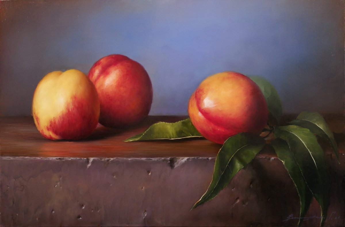 Still life with peaches by Gennady Vylusk