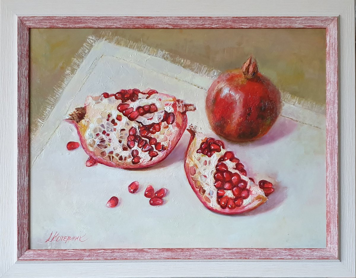 Trio. pomegranate still life liGHt original painting GIFT (2020) by Anna Bessonova (Kotelnik)