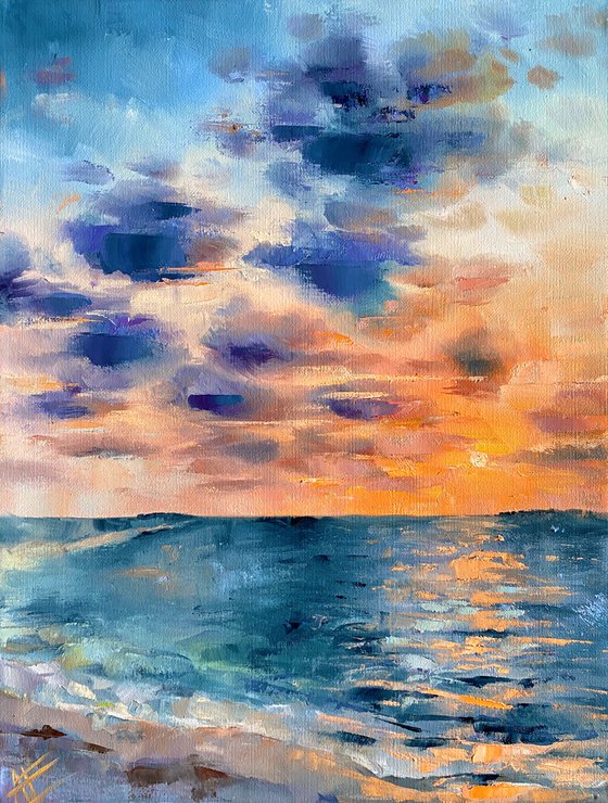 Oil painting sea ocean sunset, blue, orange bright landscape. Gift bright sunrise, fit her, mother, sister, women. Maldives ocean painting
