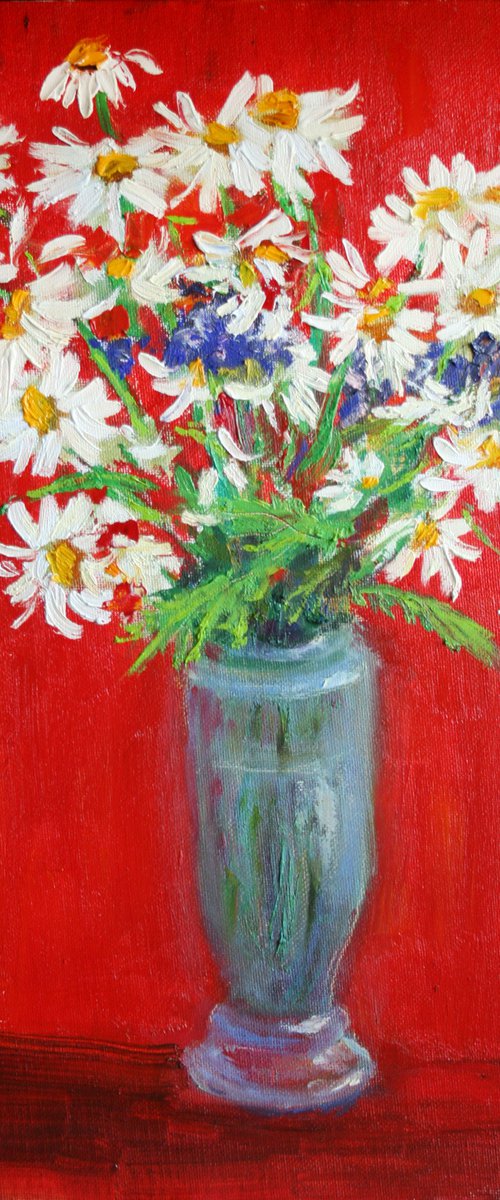 Daisies on Red /  ORIGINAL PAINTING by Salana Art Gallery