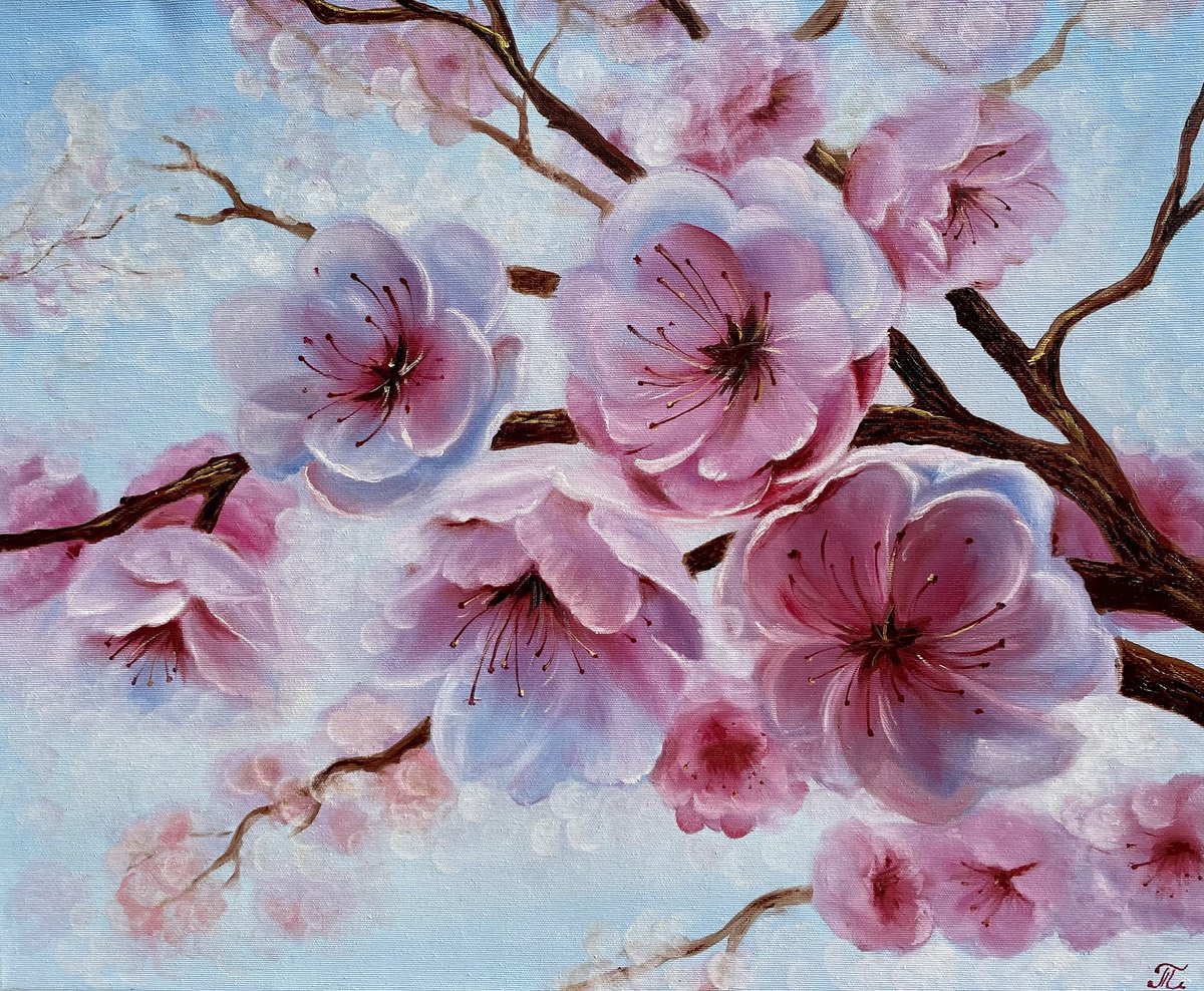 Photorealistic Botanical Oil Painting By Tanja Frost, 24 X 20", Spring Blooming, Original Artwork