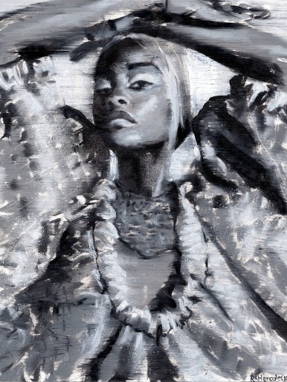 Fedola | Black and white woman female fashion oil painting on paper | beautiful powerful black lady