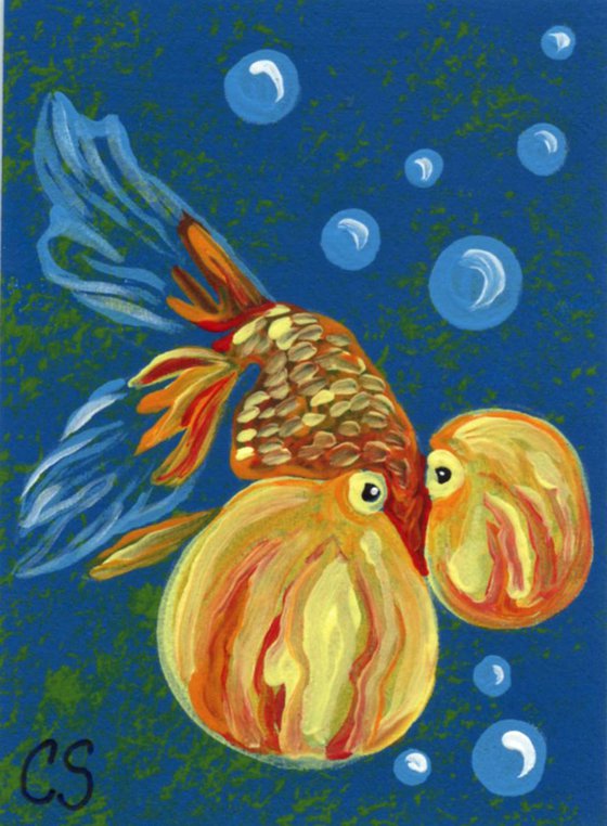 ACEO ATC Original Painting Bubble Eye Goldfish Pet Art-Carla Smale