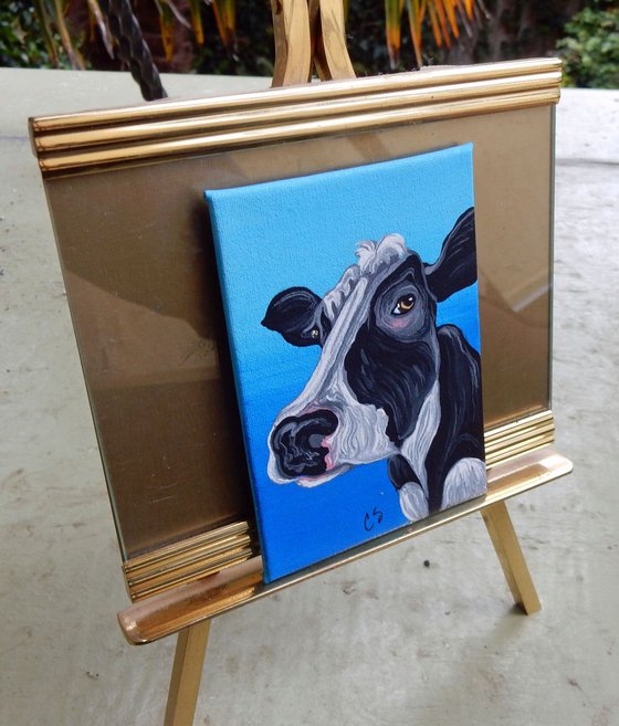 ACEO ATC Original Painting Black Cow Farmyard Art-Carla Smale