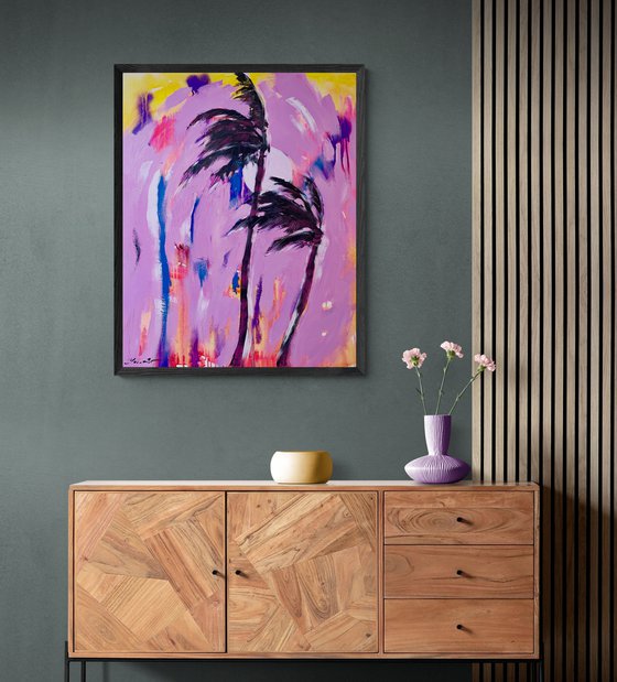 Bright painting - "Pink palms" - Pop Art - 100x80cm - 2021