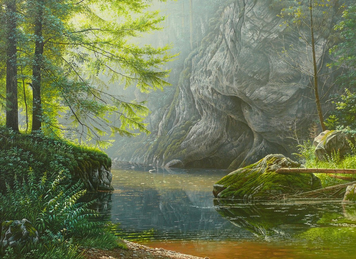 Photorealistic Landscape Oil Painting By Mlynarcik Emil, 31 X 24", Mystic Forest, Original Artwork