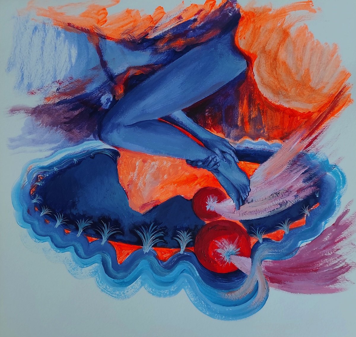 Naive Abstract Acrylic Painting By Tetiana Borys, 11 X 11", Lady In Blue, Original Artwork