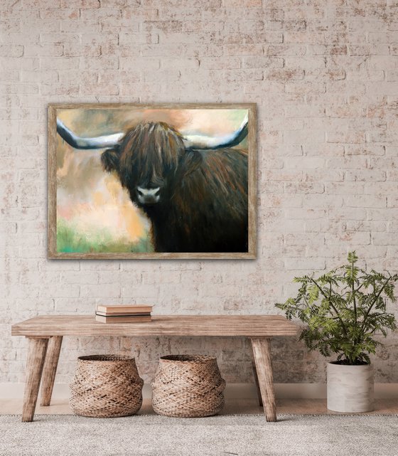 Scottish Highland Cow Portrait, 70x100cm, Oil Painting, Breathtaking Detail, Rustic Charm, Perfect Wall Art for Nature Lovers