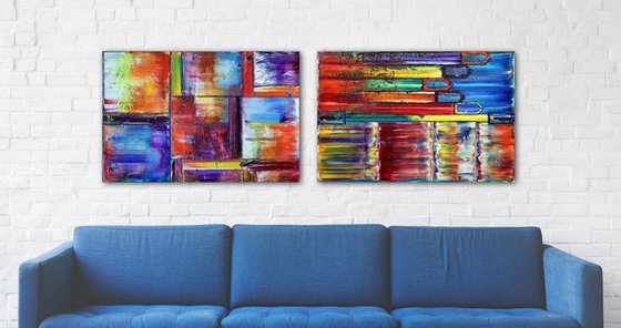 "Get It While It's Hot" - Save As A Series - Unique PMS Geometric Oil Painting Diptych On Canvas - 72" x 24"