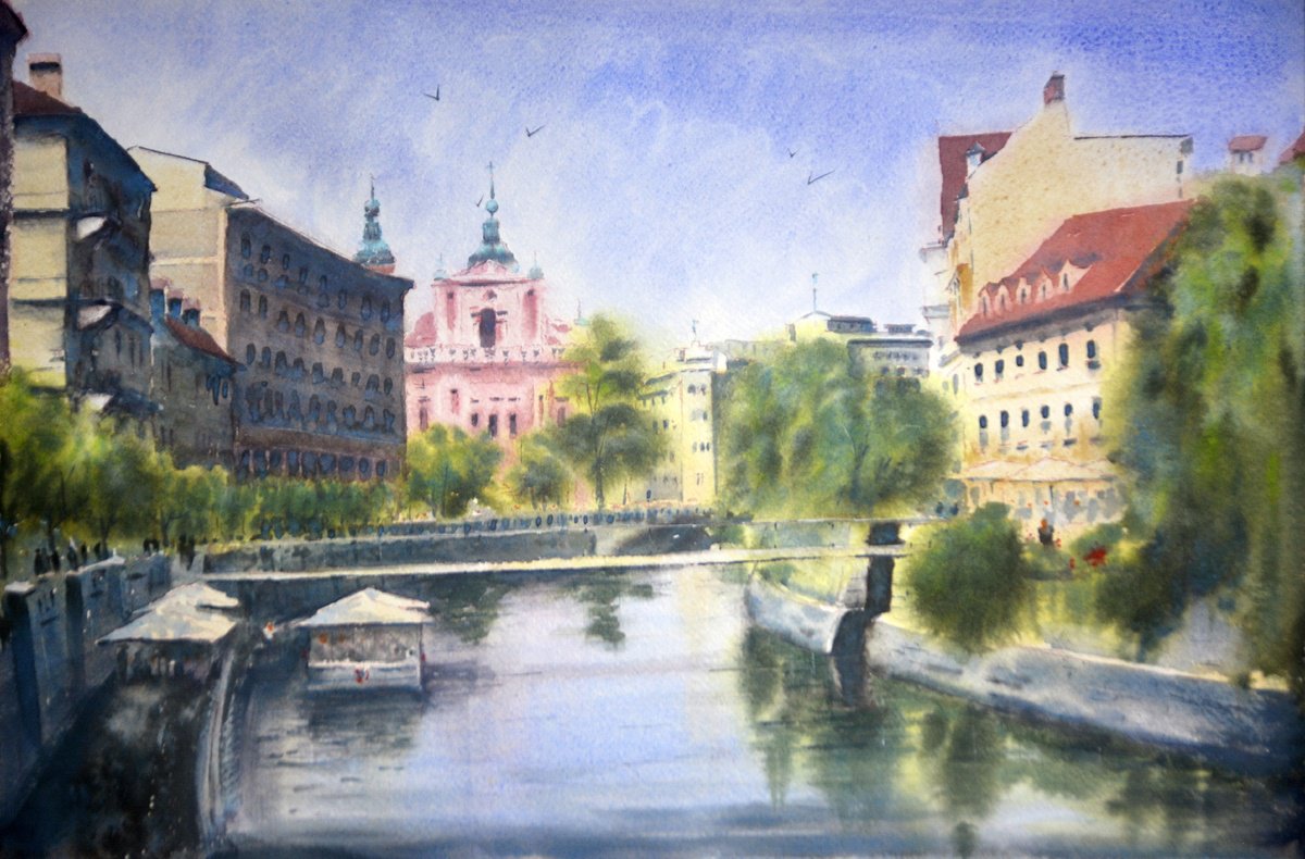 Impressionistic Cityscapes Watercolour By Nenad Kojic, 22 X 15", Ljubljana Slovenia #43, Original Artwork