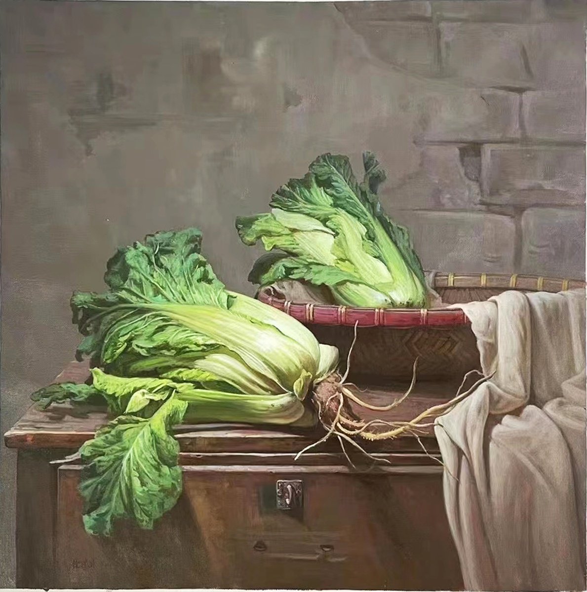 Still life:Chinese cabbages on the wooden desk by Kunlong Wang