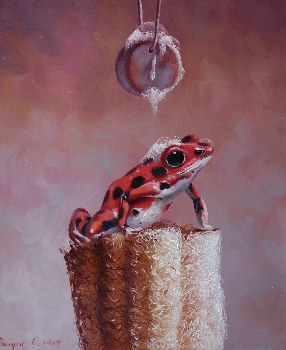 Illustrative Animal Oil Painting By Lena Vylusk, 10 X 12", "Bathing", Original Artwork