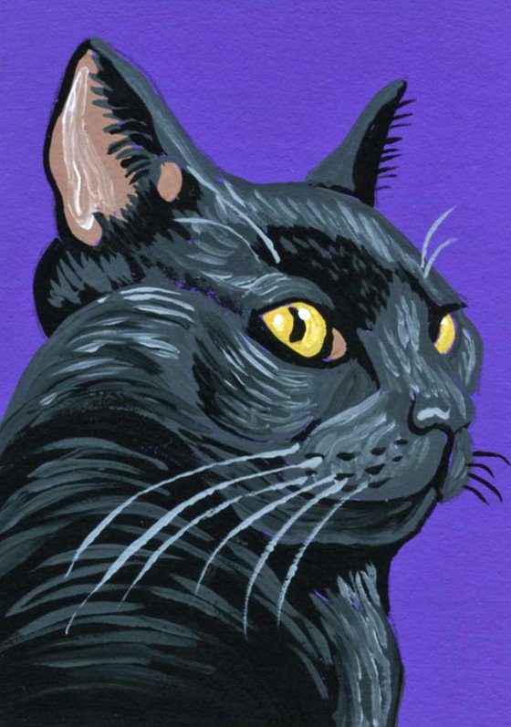 ACEO ATC Original Miniature Painting Bombay Black Cat Pet Feline Art-Carla Smale