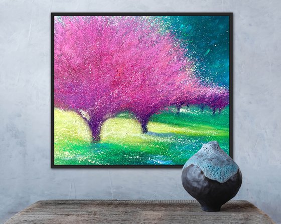 Sakura blossom painting on canvas, spring flower, nature wall art