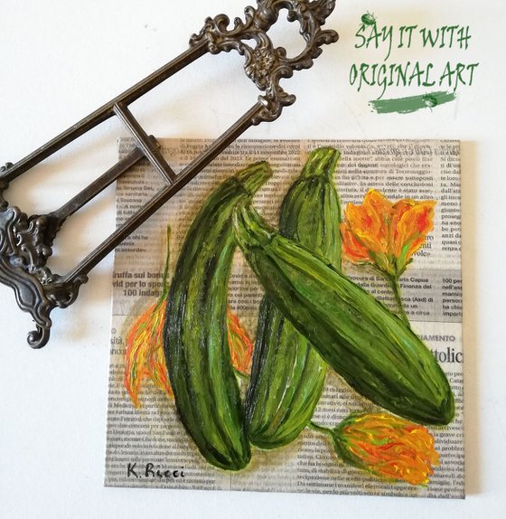 "Zucchini Flowers on Newspaper" Original Oil on Canvas Board Painting 8 by 8 inches (20x20 cm)