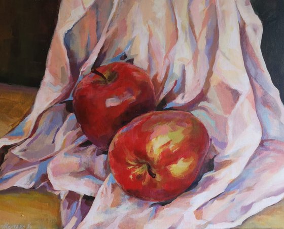 Still life with apples, original, one of a kind, acrylic on canvas impressionistic still life painting (16×20")