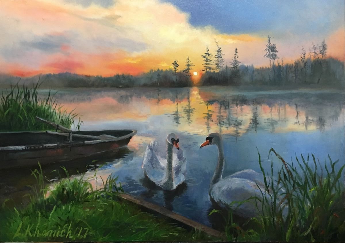 Lake Painting Sunset Landscape painting 50x70cm by Leo Khomich