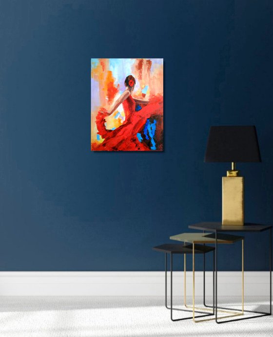 Flamenco dancer 4, Flamenco Dancer Painting Original Art Woman in Red Dress Artwork 40x50 cm ready to hang