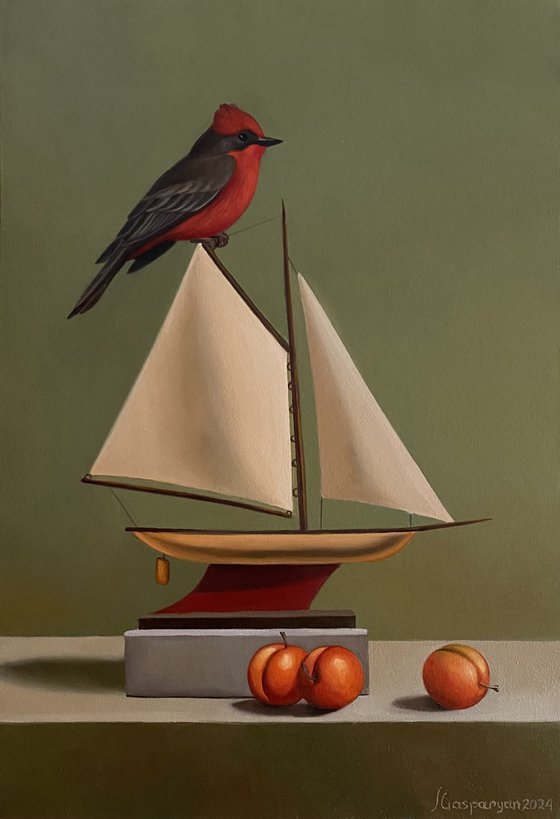Still life with bird and sailboat