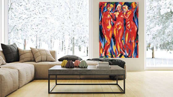 THREE GRACES - Abstract nude art , XL large wall sized, original painting, bathers theme, red, bedroom interior