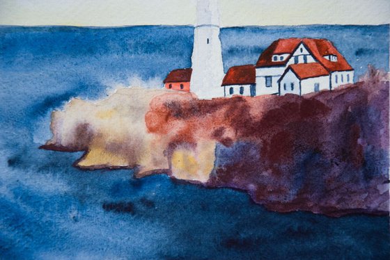 Lighthouse original watercolor painting on craft paper, sea and rocks, hygge home decor