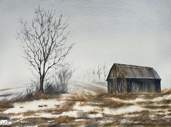 Old barn winter scene