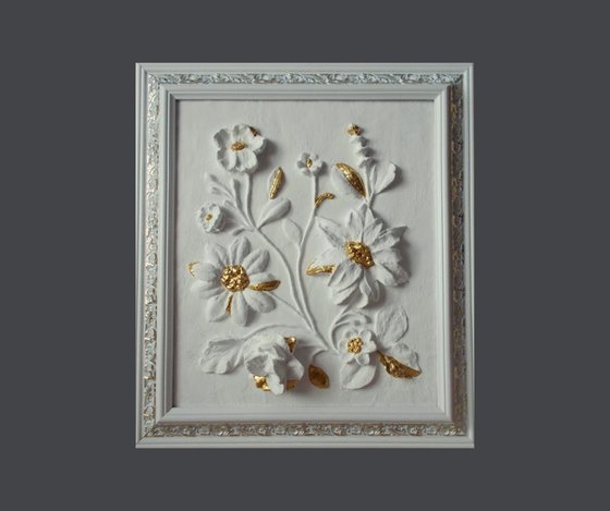 sculptural wall art "Flowers with gold decor" (from the series "White and gold")