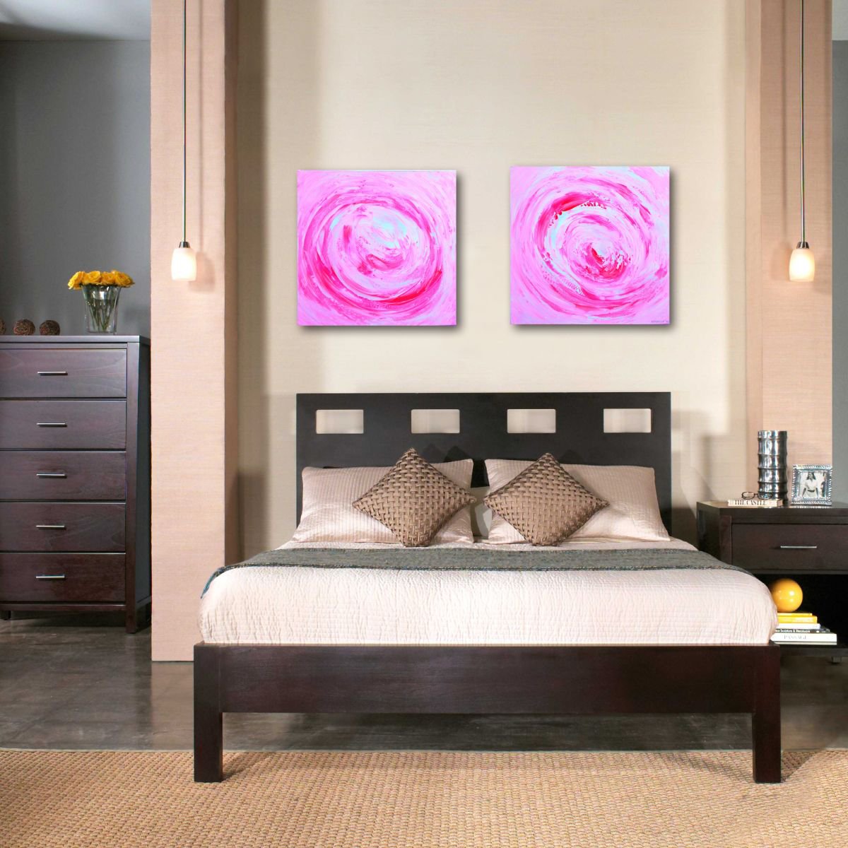 Geometric Abstract Acrylic Painting By Estelle Asmodelle, 35 X 18, Pink Swirls, Original Artwork