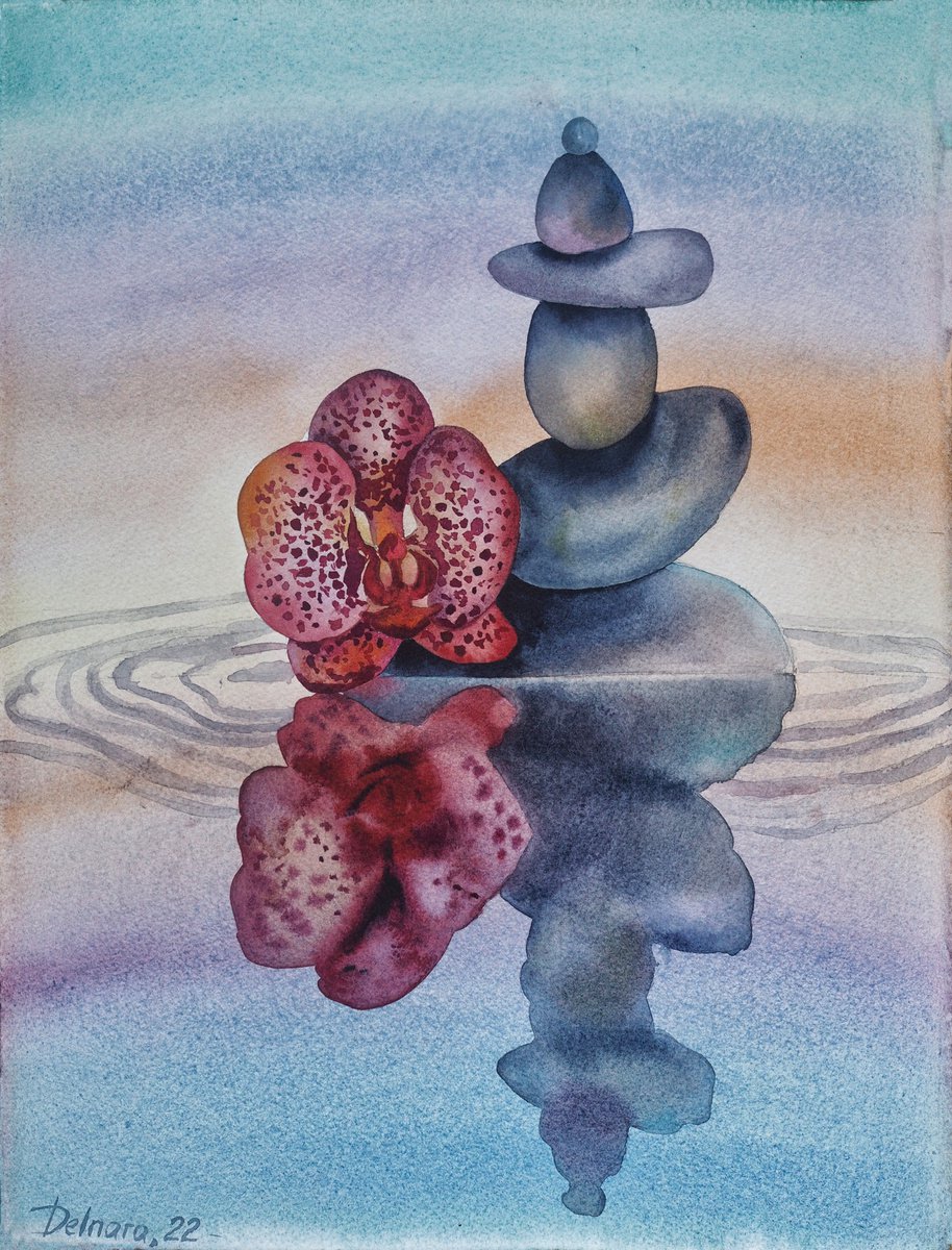 Orchid meditation - original watercolor artwork from ukranian artist by Delnara El