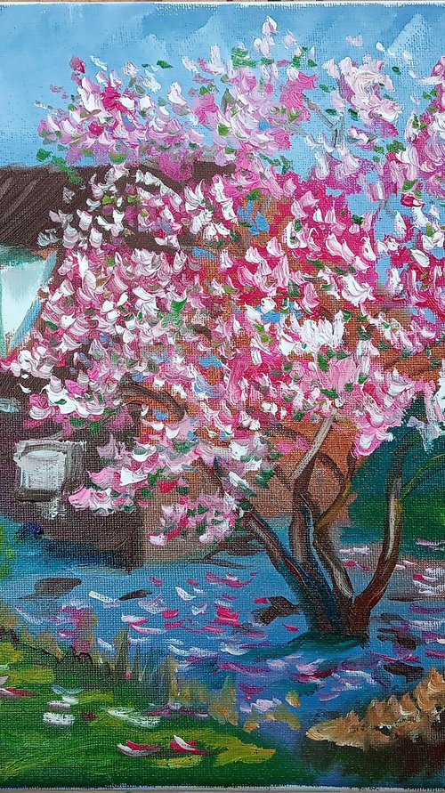 Blooming magnolia in Dalen. Plein Air by Dmitry Fedorov