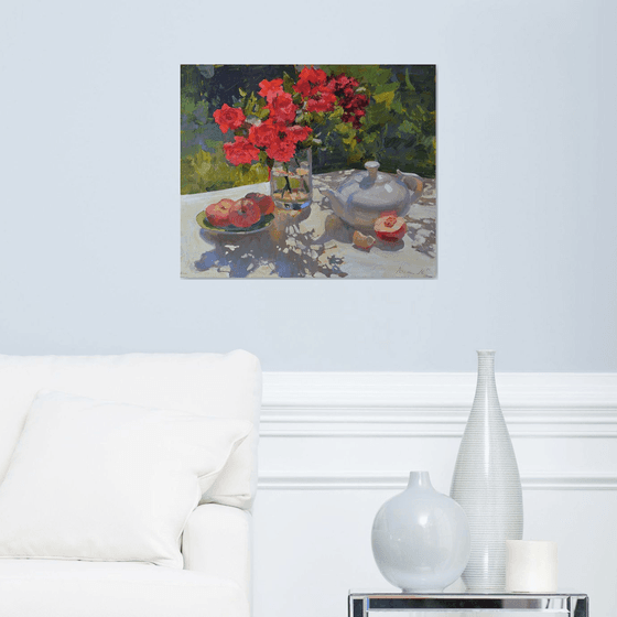 Summer Roses and White Teapot