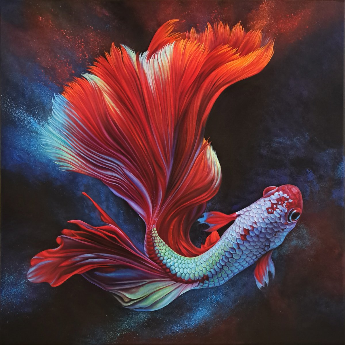 Photorealistic Animal Oil Painting By Anna Steshenko, 31 X 31, Magic Fish, On Black Background, Original Artwork