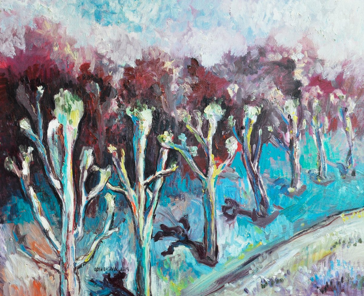 Impressionistic Landscape Oil Painting By Valda Rose Art Gallery, 29 X 24", Plan Trees Alley In Strasbourg, Original Artwork