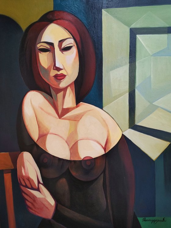 Waiting (60x80cm, cubism, oil painting, ready to hang)