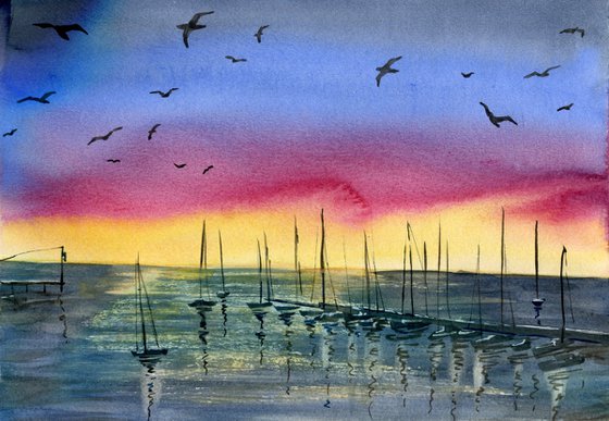 Watercolor sketch of a sunset from the pier. Original artwork.