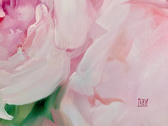 Original oil painting pink peonies bouquet