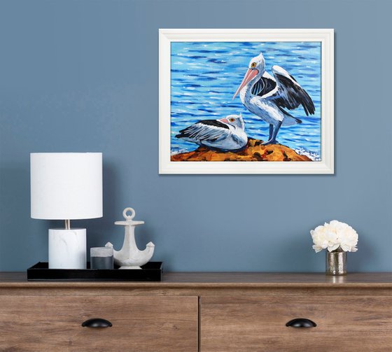 "Let's Go Fishing" – Australian Pelicans at the beach – framed