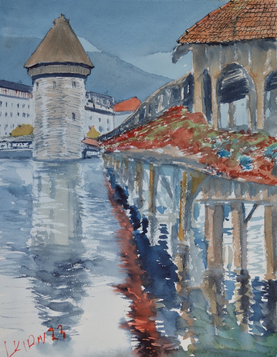 Impressionistic Cityscapes Watercolour By Leonid Kirnus, 11 X 14", Luzern 2, Original Artwork
