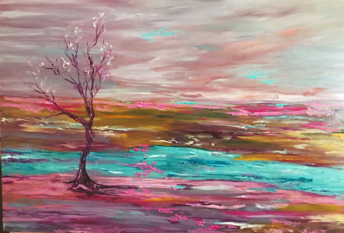 Abstract Landscape Oil Painting By Tetiana Pchelnykova, 53 X 35", And The Tree Blossoms, Original Artwork