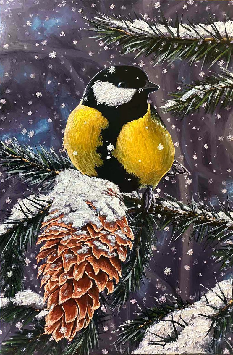 Photorealistic Animal Oil Painting By Elena Adele Dmitrenko, 16 X 24, Titmouse, Original Artwork