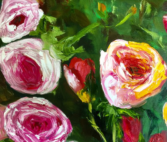 WHITE PINK YELLOW PURPLE  ROSES IN A GREENWICH GARDEN palette knife modern still life  flowers office home decor gift