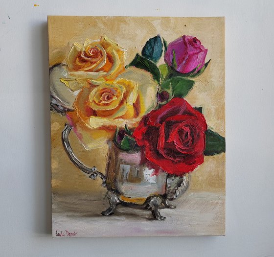 Yelow roses bouquet in Antique Metal Teapot still life bright oil painting 10x12''