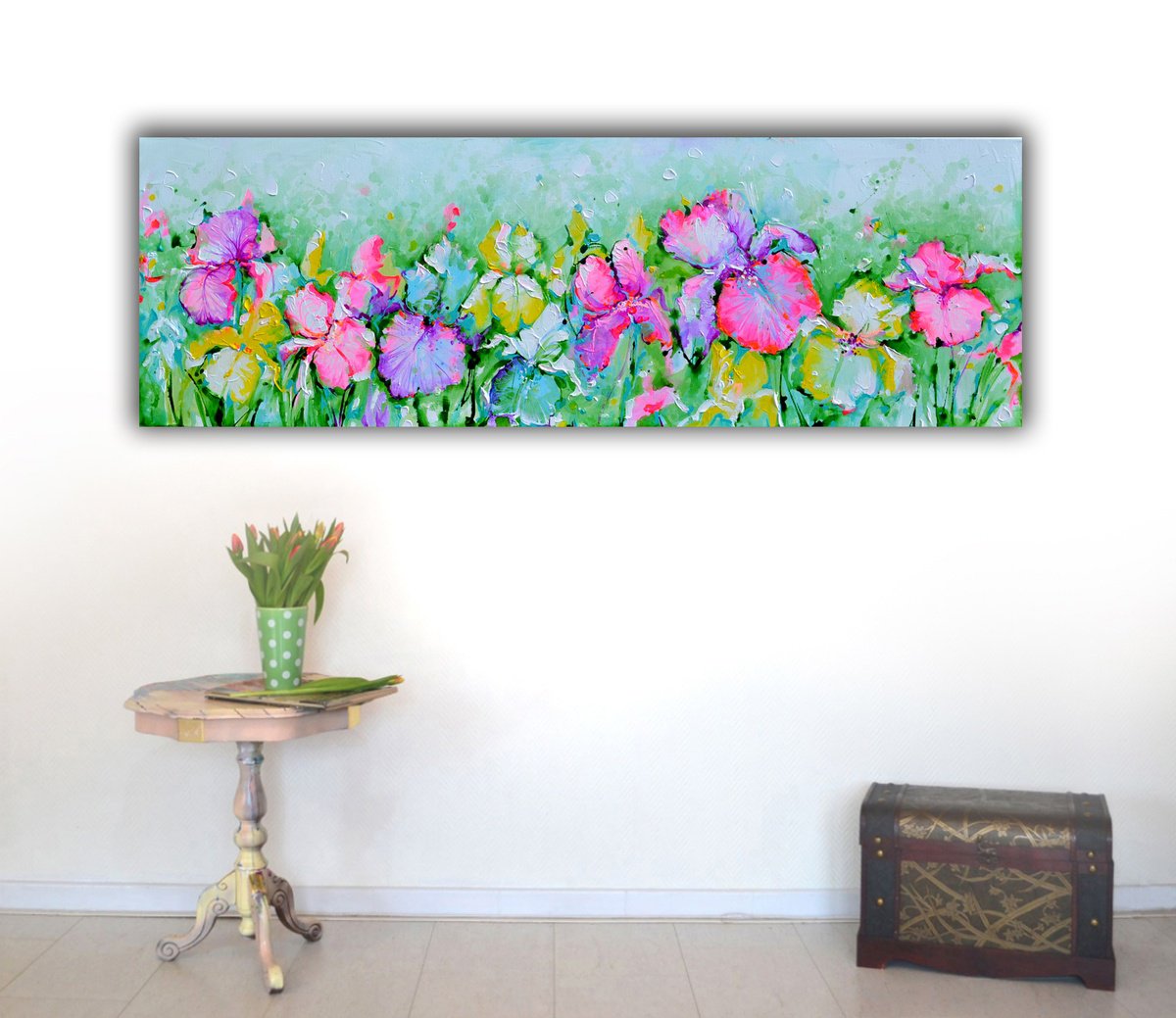 Impressionistic Botanical Acrylic Painting By Soos Roxana Gabriela, 47 X 16", Iris Flower Field, Original Artwork